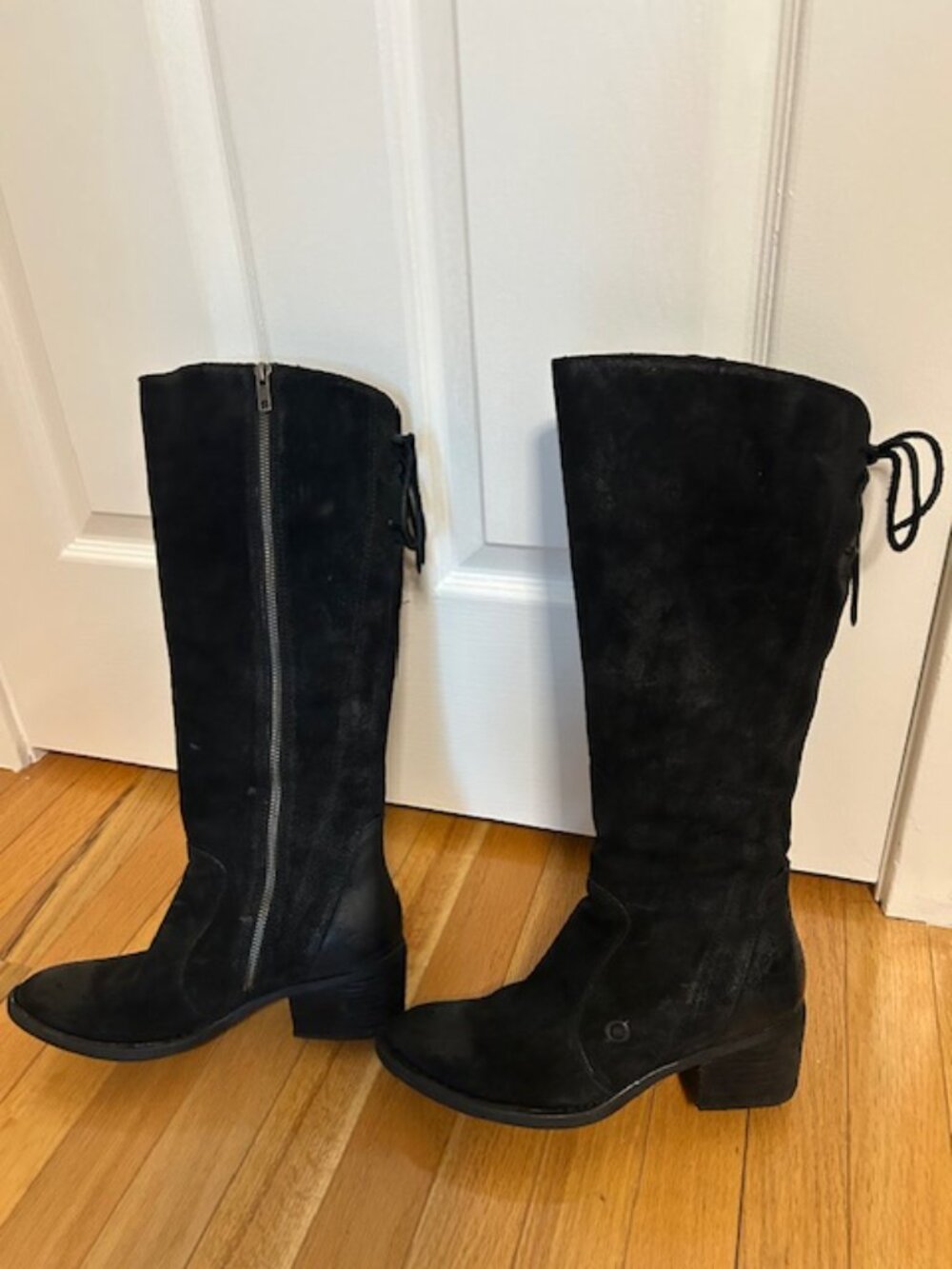 BORN Black Suede Tall Boots Size 7.5 Low Heel Side Zip
